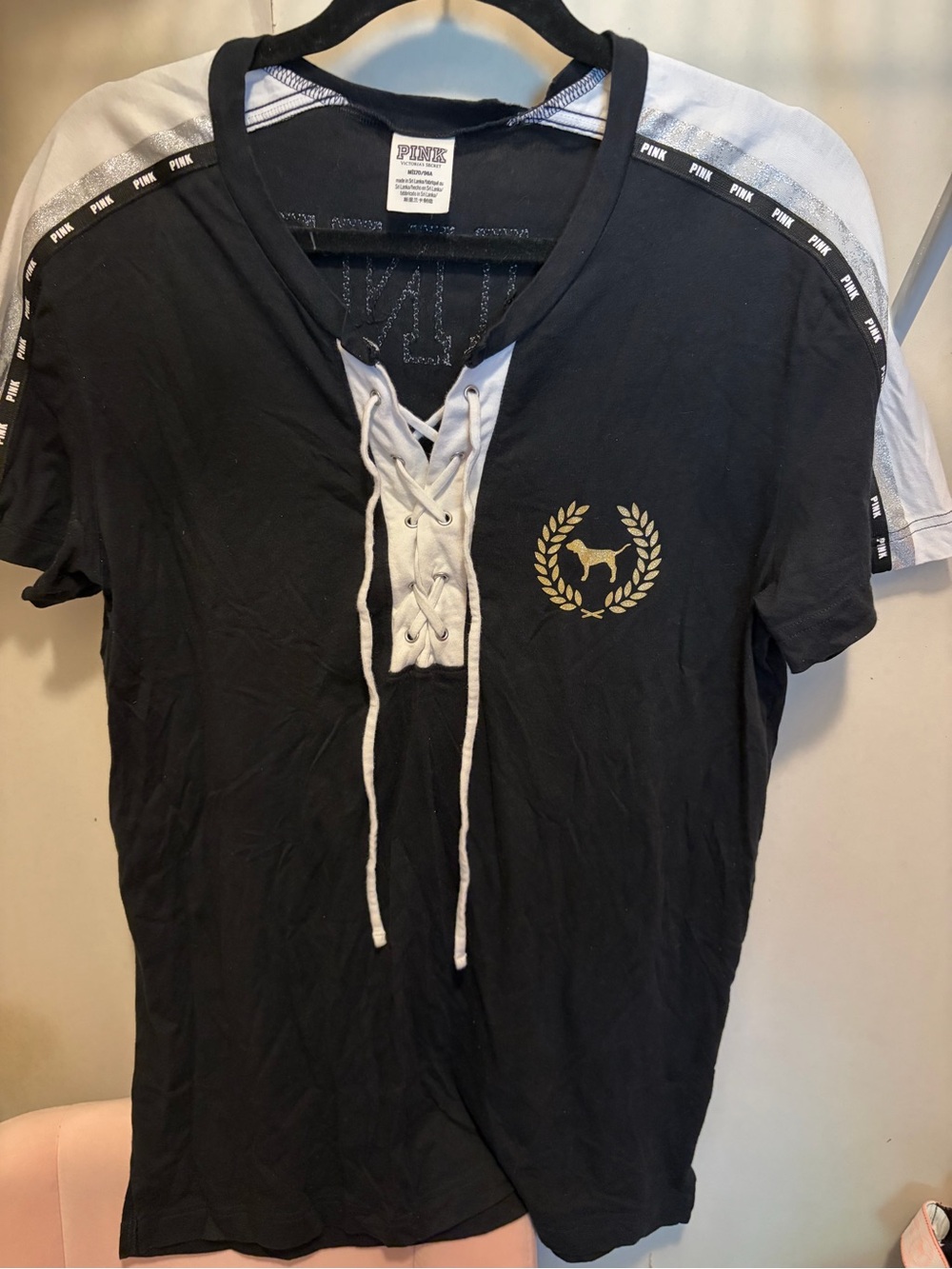 PINK Victoria's Secret Lace-Up Black & White  Shirt with Dog Emble